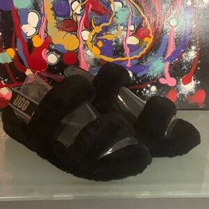 UGG Black Fluffy Sandals